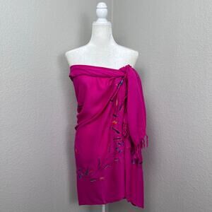 Rayon Sarong Hot Pink Scarf Painted Floral Art Wrap Pashmina Boho Resort Swim